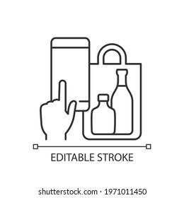 Phone drinks ordering linear icon. Click-and-collect option. Delivery from bar, restaurant, pub. Thin line customizable illustration. Contour symbol. Vector isolated outline drawing. Editable stroke