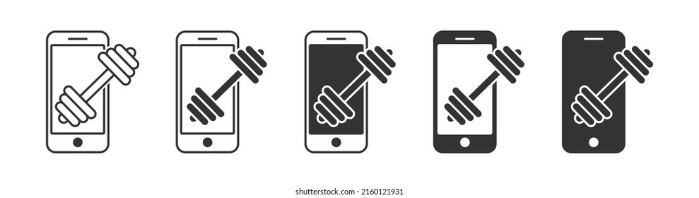 Phone With Dumbbell. Online Fitness Glyph Icon. Flat Vector Illustration.