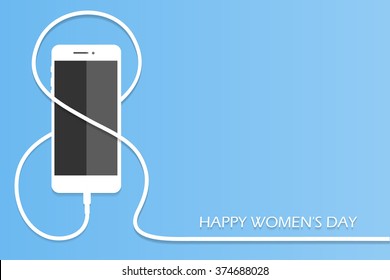 Phone with eight wire. 8 March, International Women's Day background. Vector Card, Flayer. Smartphone Eps illustration.