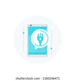 phone with electric plug, notification on screen, vector icon