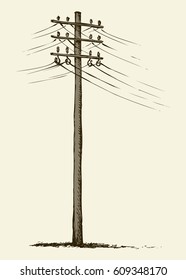 Phone electro mains post stand in winter field near road. Freehand linear ink hand drawn picture icon sketchy in ancient scribble style pen on paper. Side view with space for text on foggy sky