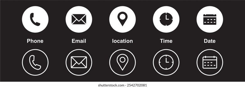 Phone, Email, Message, Envelope, Location, Pin, Map, Gps, Marker, Address, Time, Clock, Date, Calendar icon set. editable line icons. social media icons. vector