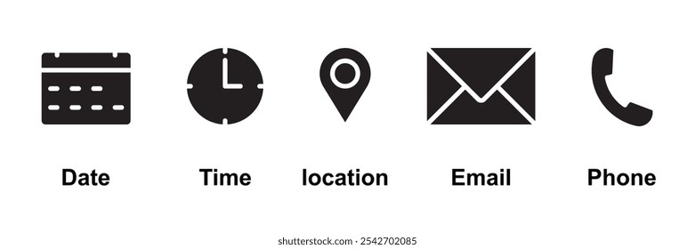 Phone, Email, Message, Envelope, Location, Pin, Map, Gps, Marker, Address, Time, Clock, Date, Calendar icon set. editable line icons. social media icons. vector