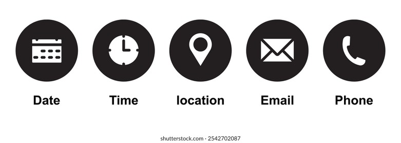 Phone, Email, Message, Envelope, Location, Pin, Map, Gps, Marker, Address, Time, Clock, Date, Calendar icon set. editable line icons. social media icons. vector