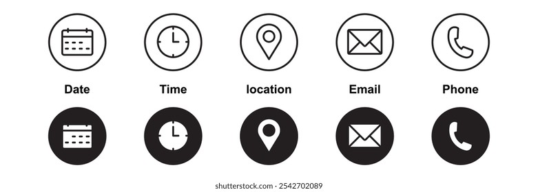 Teléfono, correo electrónico, mensaje, sobre, Locación, pin, mapa, GPS, marcador, Dirección, hora, reloj, fecha, conjunto de iconos de calendario. iconos de línea editables. iconos de redes sociales. Vector