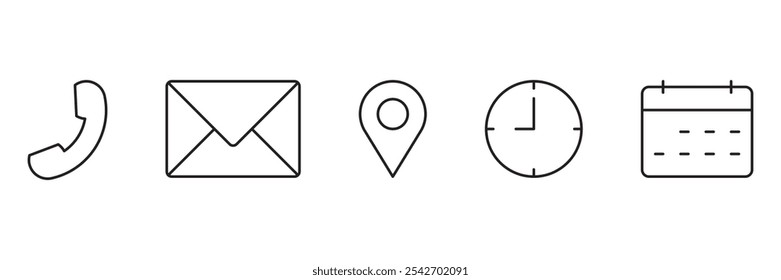 Phone, Email, Message, Envelope, Location, Pin, Map, Gps, Marker, Address, Time, Clock, Date, Calendar icon set. editable line icons. social media icons. vector