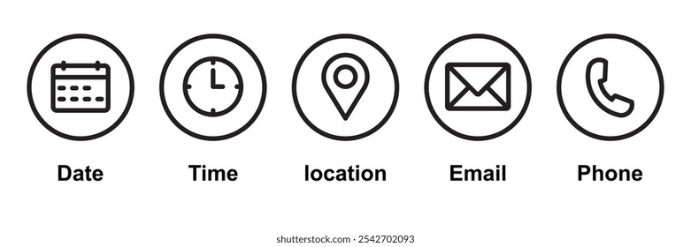 Phone, Email, Message, Envelope, Location, Pin, Map, Gps, Marker, Address, Time, Clock, Date, Calendar icon set. editable line icons. social media icons. vector