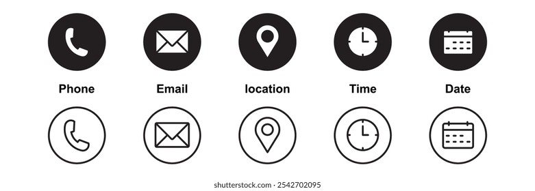 Phone, Email, Message, Envelope, Location, Pin, Map, Gps, Marker, Address, Time, Clock, Date, Calendar icon set. editable line icons. social media icons. vector