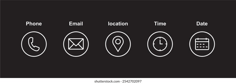 Phone, Email, Message, Envelope, Location, Pin, Map, Gps, Marker, Address, Time, Clock, Date, Calendar icon set. editable line icons. social media icons. vector