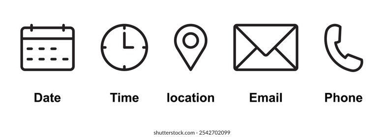 Phone, Email, Message, Envelope, Location, Pin, Map, Gps, Marker, Address, Time, Clock, Date, Calendar icon set. editable line icons. social media icons. vector