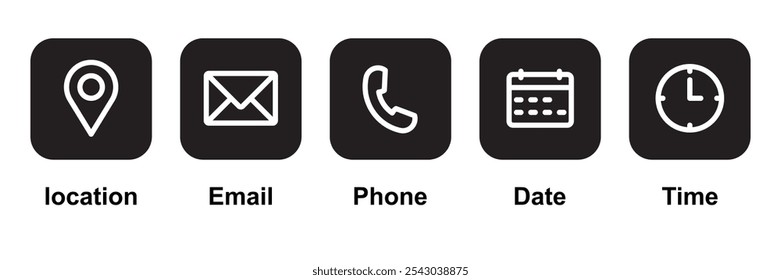 Phone, Email, Message, Envelope, Location, Pin, Map, Gps, Marker, Address, Time, Clock, Date, Calendar icon set. editable line icons. social media icons. vector