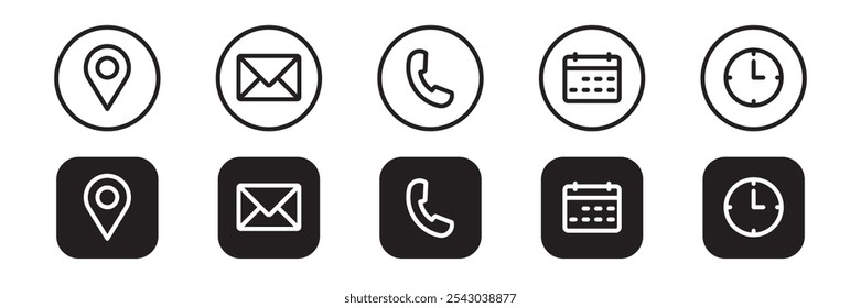 Phone, Email, Message, Envelope, Location, Pin, Map, Gps, Marker, Address, Time, Clock, Date, Calendar icon set. editable line icons. social media icons. vector