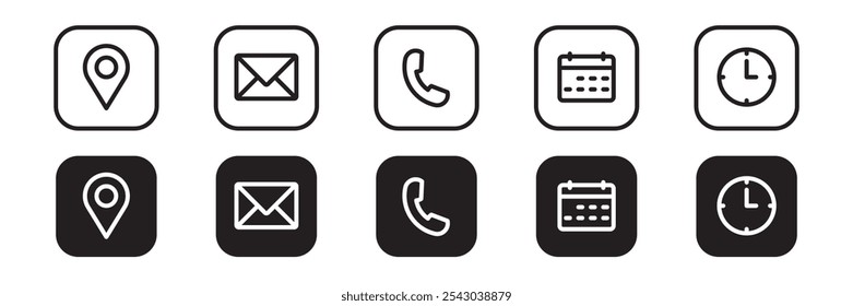 Phone, Email, Message, Envelope, Location, Pin, Map, Gps, Marker, Address, Time, Clock, Date, Calendar icon set. editable line icons. social media icons. vector