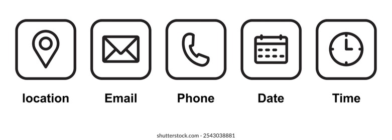 Phone, Email, Message, Envelope, Location, Pin, Map, Gps, Marker, Address, Time, Clock, Date, Calendar icon set. editable line icons. social media icons. vector