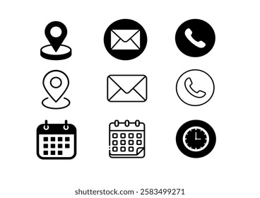 Phone, Email, Message, Envelope, Location, Pin, Map, Gps, Marker, Address, Time, Clock, Date, Calendar icon set. editable line icons. social media icons. vector