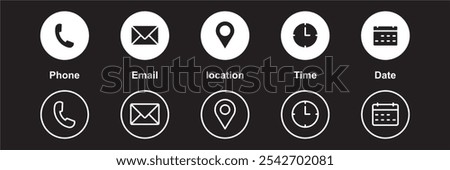 Phone, Email, Message, Envelope, Location, Pin, Map, Gps, Marker, Address, Time, Clock, Date, Calendar icon set. editable line icons. social media icons. vector