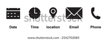 Phone, Email, Message, Envelope, Location, Pin, Map, Gps, Marker, Address, Time, Clock, Date, Calendar icon set. editable line icons. social media icons. vector
