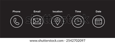 Phone, Email, Message, Envelope, Location, Pin, Map, Gps, Marker, Address, Time, Clock, Date, Calendar icon set. editable line icons. social media icons. vector