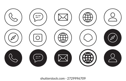 Ícones de telefone, email, mensagem e usuário em estilo circular. Perfeito para páginas de contato, aplicativos e UI de suporte ao cliente.