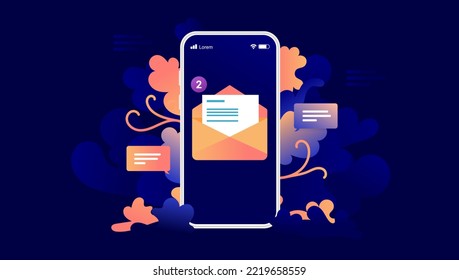 Correo electrónico - Pantalla de Smartphone con sobres de correo electrónico y elementos decorativos de diseño floral. Ilustración del vector con fondo oscuro