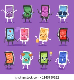 Phone emoji vector gadget character smartphone or tablet with face expression illustration emotional set of digital device cellphone or mobilephone emotion with eyes and smile isolated on background