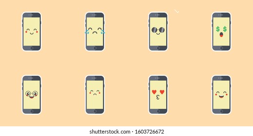 Phone emoji vector gadget character smartphone or tablet with face expression illustration emotional set of digital device cellphone or mobilephone emotion with eyes and smile isolated on background