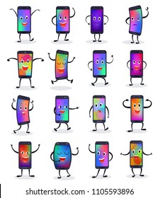 Phone emojji vector smartphone emoticon character and mobilephone or cellphone expression gadgets illustration set of digital mobile device emotion isolated on white background