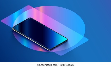 Phone with empty screen is on the table or reflection surface. Smartphone lies on desktop. 3d Isometric realistic illustration of phone with neon shapes on background. Mock up cellphone rotated angle