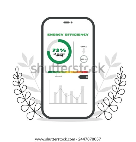 Phone with energy efficiency rating on screen. Save energy concept. Monitoring and control of energy consumption via app
