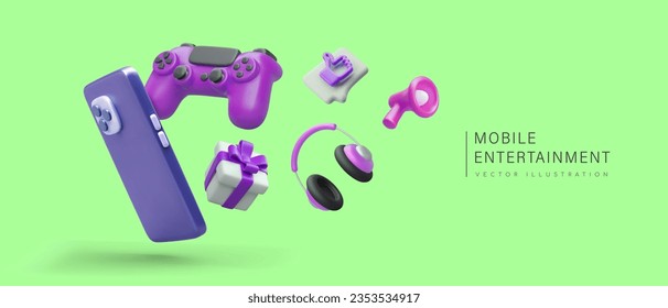 Phone entertainment. Concept of mobile applications on green background. Floating vector objects, text. Games, communication, news, music, likes, gifts. Features of modern smartphones