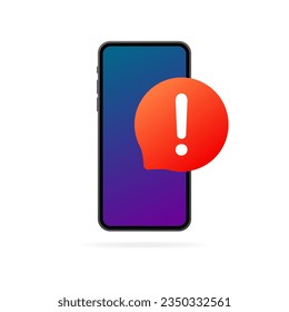 Phone error. Flat, color, exclamation mark, warning on the phone. Vector illustration