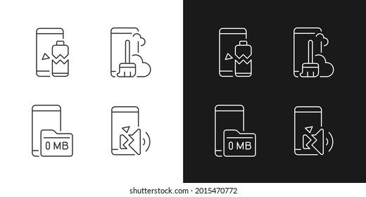 Phone errors linear icons set for dark and light mode. Memory card issue. Speaker breakage. Dust and dirt damage. Customizable thin line symbols. Isolated vector outline illustrations. Editable stroke