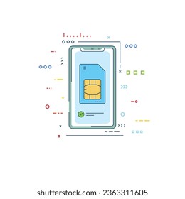 Telefon mit E-SIM auf dem Bildschirm. Lineares modernes Mobiltelefon mit abstrakten Kreisen und Linien auf dem Hintergrund. Sim-Karte und Telefon-Kommunikationsbanner Vektor. Moderne Illustration im Linienstil. 