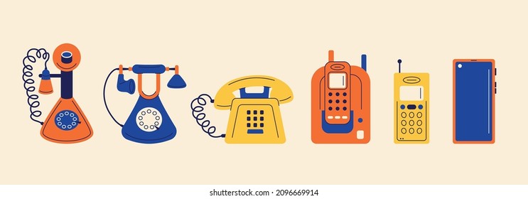 Phone evolution. concept of phones from vintage telephones with number pad dials and headsets to modern smartphones. Vector set