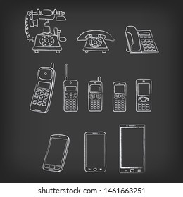 Phone evolution hand-drawn illustration on dark black background. Retro vintage communication set. Technology progress telephone cellphone smartphone collection.