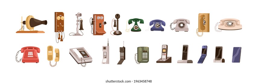 Phone evolution from old vintage telephones to modern wireless devices. Realistic communication gadgets of different generations. Colored flat graphic vector illustration isolated on white background