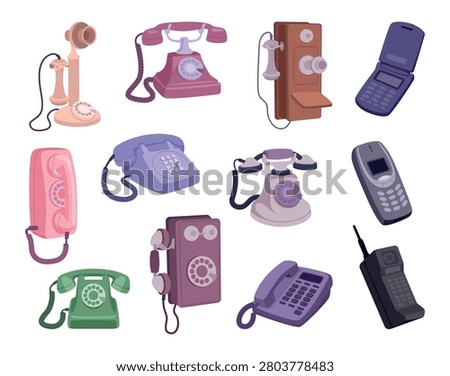 Phone evolution. Vector illustration features classic rotary telephones cordless handsets and mobile phones in a exact technology collection