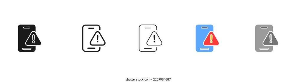 Phone with exclamation marks Signs set icon. Warning, be careful, caution, triangular, round, road traffic, notification, point. Sign concept. Vector five icon in different style on white background