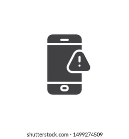 Phone with exclamation sign vector icon. filled flat sign for mobile concept and web design. Smartphone alert notification glyph icon. Symbol, logo illustration. Vector graphics