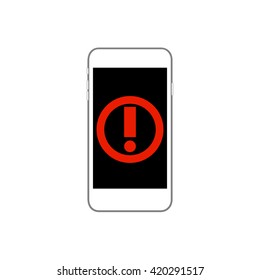 Phone with exclamation sign vector illustration. White smartphone flat vector illustration, isolated on white. Smartphone icon. Iphone picture. Smartphone Icon Vector. Phone Picture. Phone Icon Image.