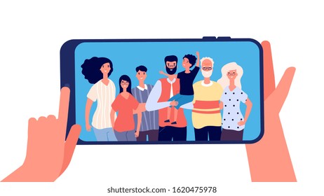 Phone with family photo. Hands holding smartphone with happy smiling grands mother dad kids together. Taking family selfie, memories vector concept