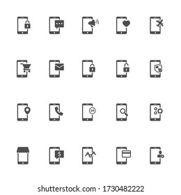 Phone features flat icons in gray. Set of 16 pieces.