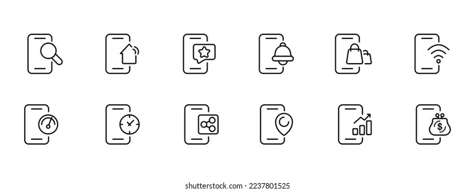 Juego de iconos de funciones de teléfono. WiFi, favoritos, búsqueda de notificaciones, GPS, velocidad de internet, compras en línea, mensaje. Concepto de aplicación telefónica. Icono de conjunto negro vector en fondo blanco