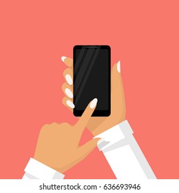 Phone in female hand.  Smartphone vector illustration flat style. Isolated on background. Touching finger blank screen. Template for design. Mobile gadget holding in woman's arm.