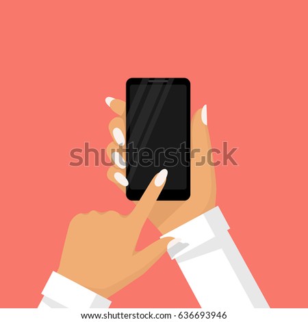 Phone in female hand.  Smartphone vector illustration flat style. Isolated on background. Touching finger blank screen. Template for design. Mobile gadget holding in woman's arm.