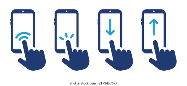 Touchscreen-Symbol für den Handy-Finger-Touchscreen, Vektorgrafik. Klicken Sie auf den Touchscreen des Gerätes und scrollen Sie ihn mit einer handlichen Symbolgrafik.