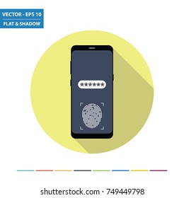 Phone and fingerprint scanner flat icon with long shadow. Vector Illustration.