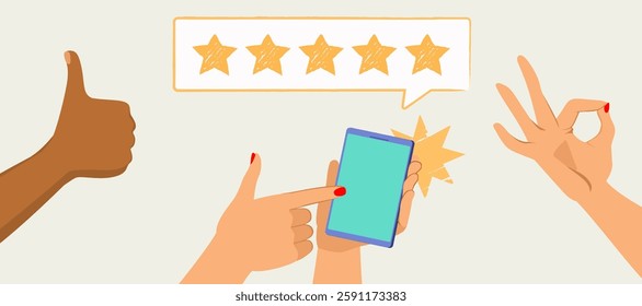 Phone with five star rating drawing. Hands with thumbs up and ok sign gesture gesture vector illustration