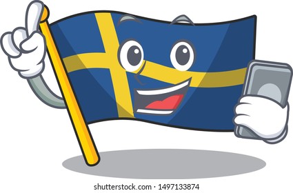With phone flag sweden character hoisted in cartoon pole