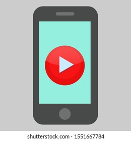 Phone in flat design with the image of a video player isolated on a gray background. Video player template. Vector illustration EPS 10.
